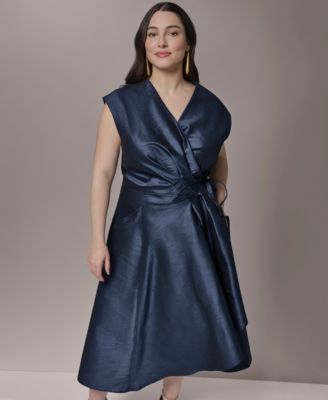 Plus Size Shantung Fit And Flare V-Neck Wrap Dress