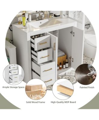 36" Bathroom Vanity with Ceramic Sink, Solid Wood Frame, Soft Close Drawers & Ample Storage for Modern Homes