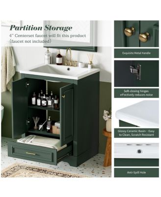 24" Bathroom Vanity with Ceramic Sink, Modern Freestanding Cabinet with Drawer & Soft Closing Doors, Solid Wood MDF Storage