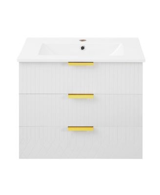 24"Wall Mounted Bathroom Vanity with Ceramic Sink & Double Drawers, Stripe Design for Small Bathrooms