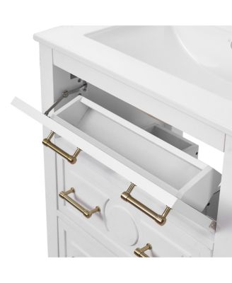 24 Inch Bathroom Vanity with Ceramic Sink, Retro Solid Wood Cabinet, 3 Soft Close Drawers for Small Bathrooms
