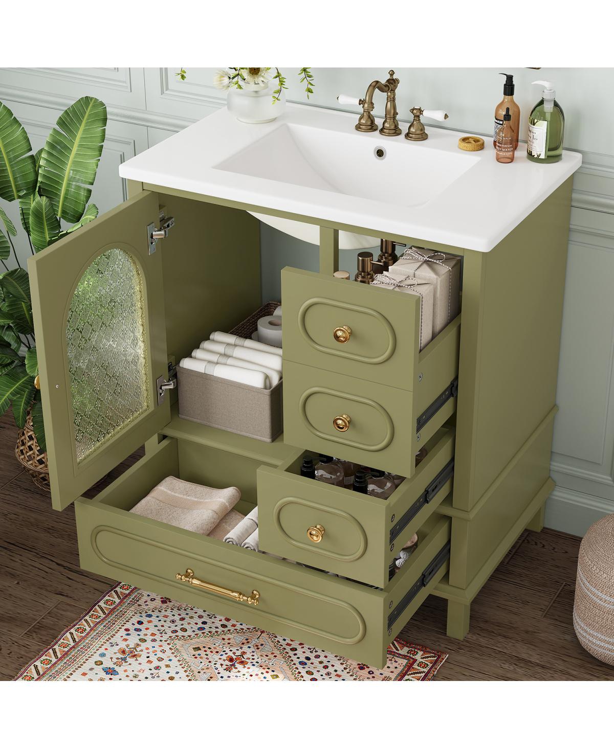 Sillysis 30" Freestanding Bathroom Vanity with Sink, Solid Wood Bathroom Cabinet with Arched Door for Small Bathrooms