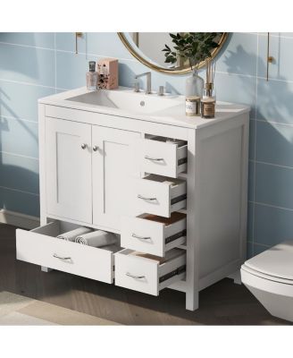 36" Bathroom Vanity with Sink, Solid Wood Cabinet & 5 Drawers Storage, Modern Freestanding Bath Cabinet for Small Spaces