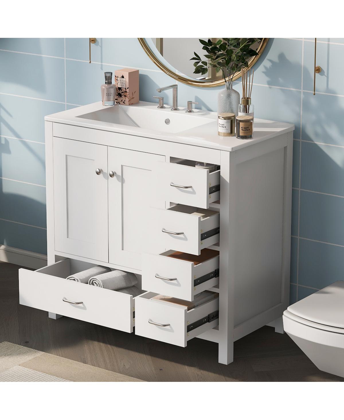 Sillysis 36" Bathroom Vanity with Sink, Solid Wood Cabinet & 5 Drawers Storage, Modern Freestanding Bath Cabinet for Small Spaces