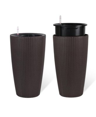 Set of 2 Faux Rattan Tall Planters w/Water Level Monitor