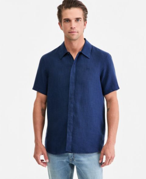 Мужская рубашка Michael Kors Point-Collar Linen, цвет: Тёмно-синий
