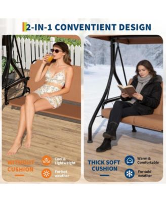 3 Seat Outdoor Porch Swing, 2-in-1 Patio Swing Chair with Thickened Removable Cushions, Adjustable Canopy   Cup Holders