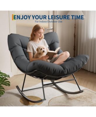 Outdoor Papasan Rocking Chair with Thick Cushion, Rattan Lounge Seat, Comfy Reading Furniture for Adults