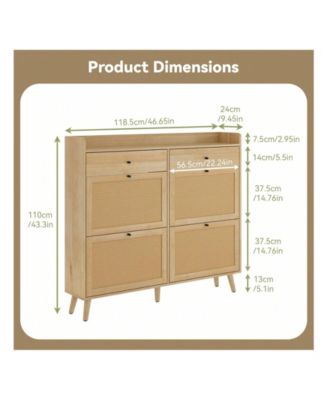 Oak Slim Freestanding Shoe Cabinet - 4 Rattan Flip Drawers + 2 Drawers Solid Wood Legs Organizer