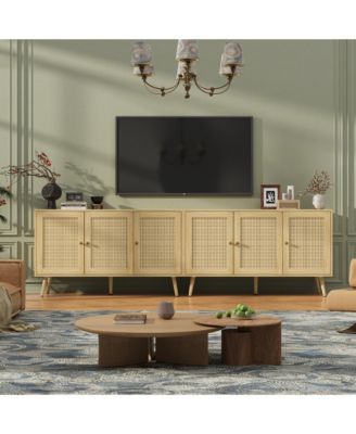 Rattan Storage Cabinet with 3 Doors, Boho Sideboard Buffet Cabinet Wood Farmhouse Credenza Cabinet