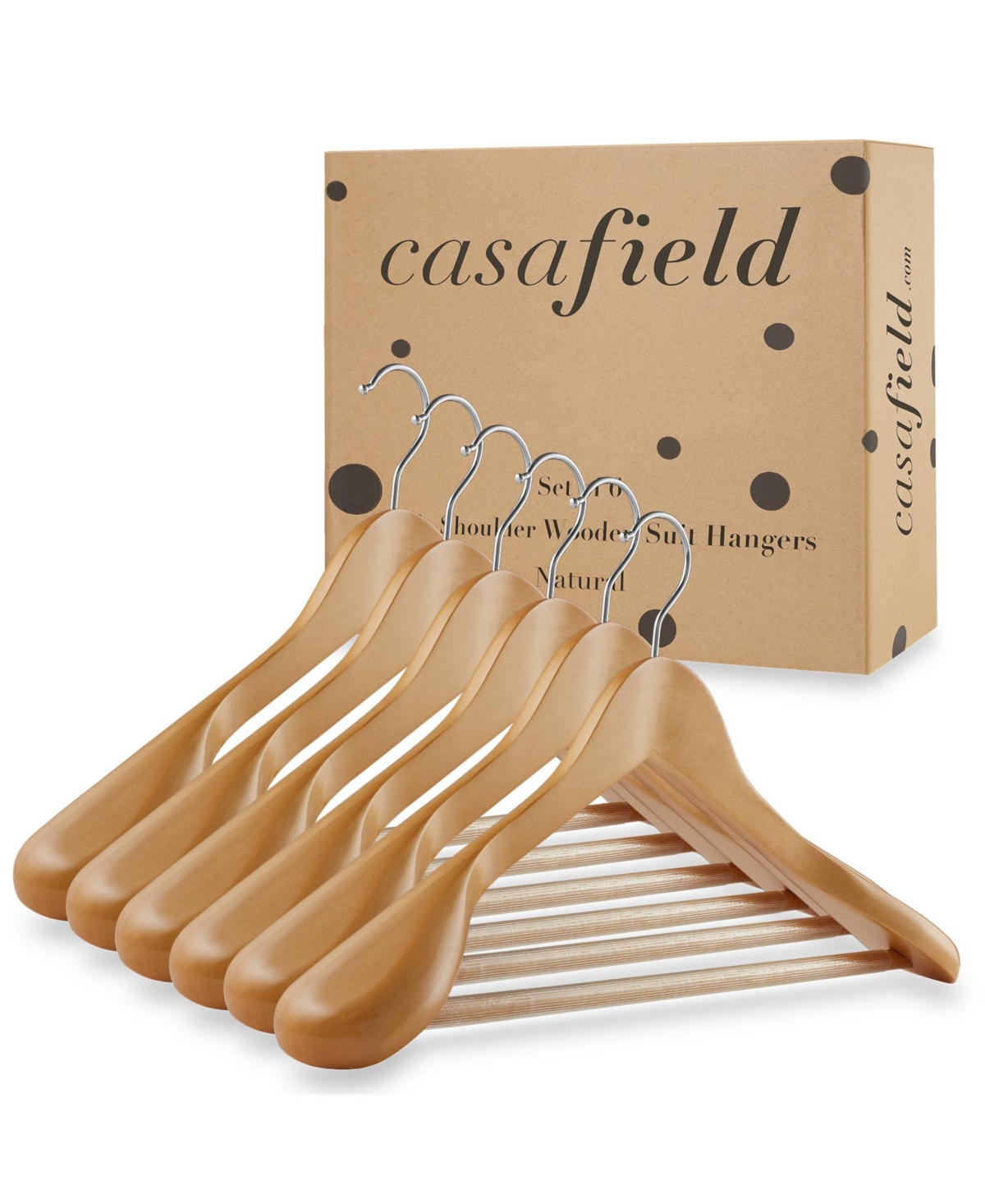 Casafield Wide Shoulder Wooden Suit Hangers, Non-Slip Pant Bar and Swivel Hook, Black - Set of 6