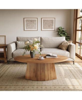 Oval Coffee Table, 47-Inch Living Room Table with Polygonal Pedestal, Modern Center Accent Furniture, Child-Friendly