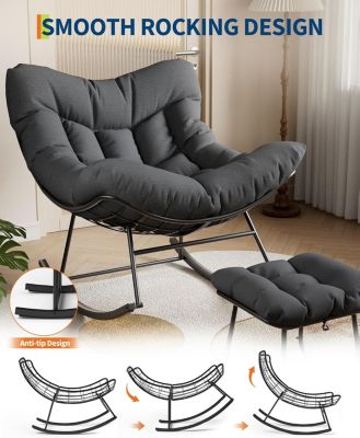 Outdoor Papasan Rocking Chair with Footrest, Oversized Lounge Chair with Ottoman and Sturdy Metal Frame