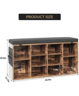 41" Padded Seat Shoe Bench - 10-Cube Storage Adjustable Shelves Side Pockets Entryway Organizer