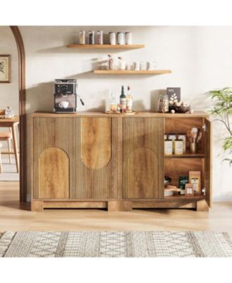 57.5" Modern Vintage Sideboard, Stainless Steel & Wood, Push to Open Storage Cabinet/TV Stand