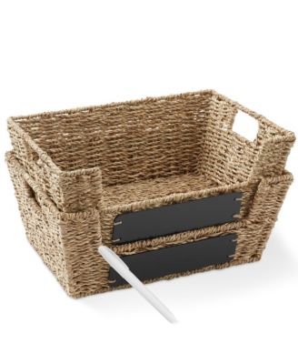 (Set of 2) Seagrass Pantry Baskets with Handles and Chalkboard Labels, Wide Woven Storage Baskets for Kitchen Shelves