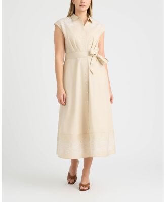 Women's Maxi Belted Dress with Embroidered Detail