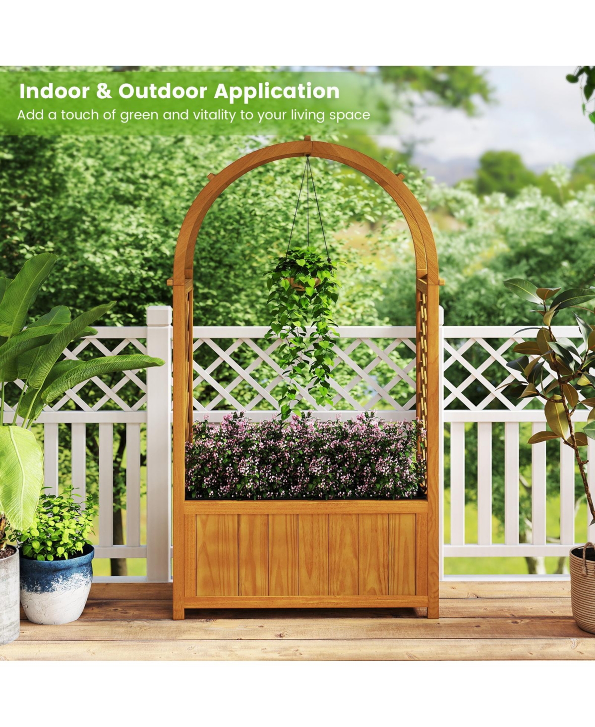 Slickblue Outdoor Wooden Garden Bed with Lattice Trellis and Arch