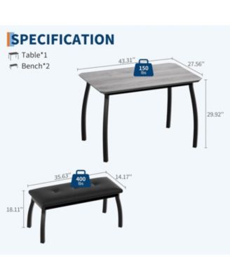 3-Piece Retro Dining Set Space-Saving Table and 2 Upholstered Benches for 4 Chamfer Design Metal Frame Kitchen Furniture for Apartments Studios