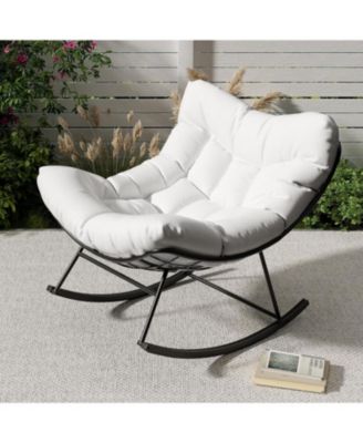 Outdoor Papasan Rocking Chair with Thick Cushion, Rattan Lounge Seat, Comfy Reading Furniture for Adults