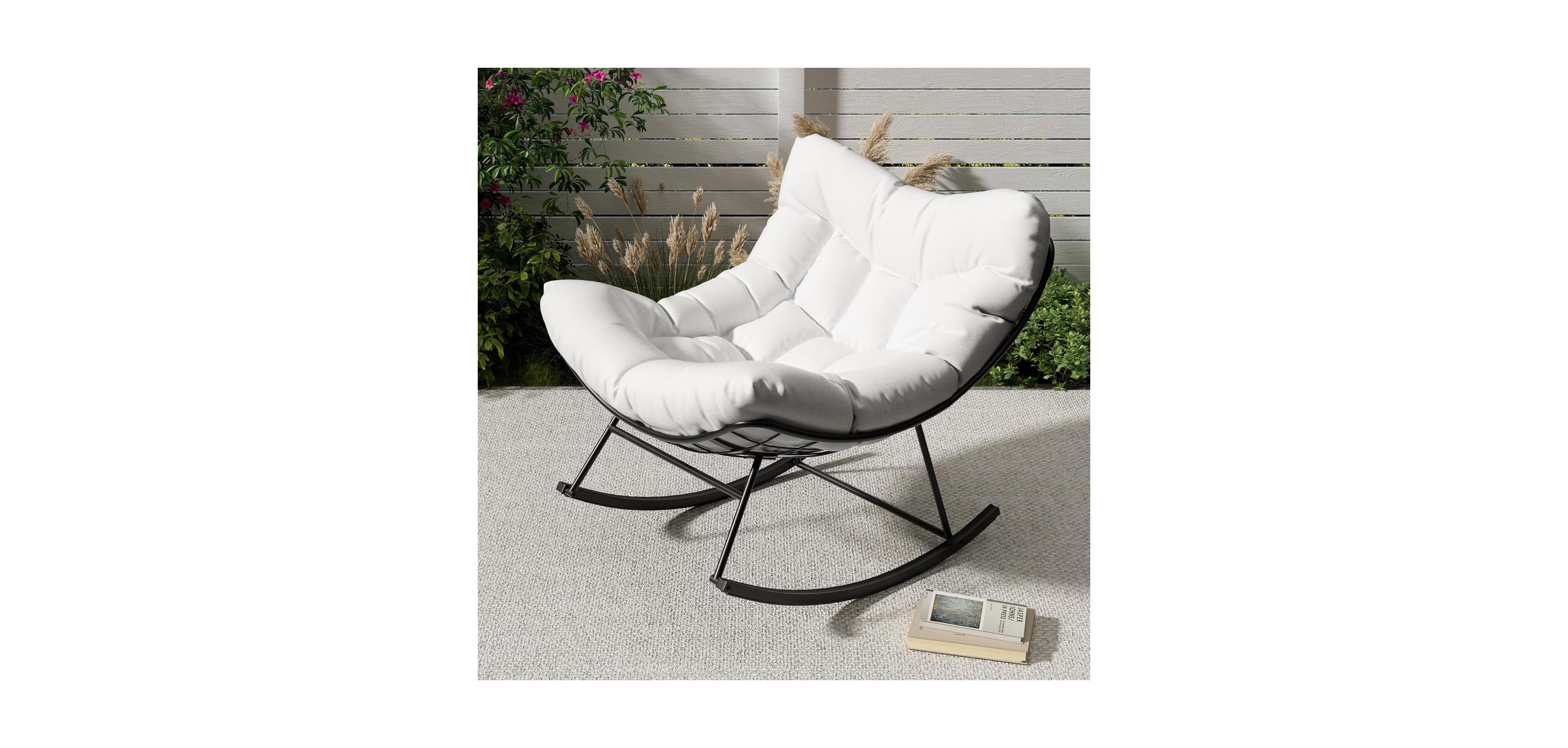 gaomon Outdoor Papasan Rocking Chair with Thick Cushion, Rattan Lounge Seat