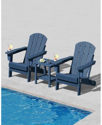 Folding Adirondack Chair Set of 4 with 2 Side Table, HDPE Outdoor Patio Chair with Cup Holder, All Weather Resistent Wooden Textured for patios