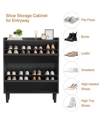 Entryway Wooden Shoe Cabinet, 2 Flip Drawers + Adjustable Shelf Organizer