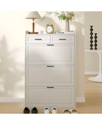 Narrow Entryway Wooden Shoe Cabinet, 2 Drawers + 3 Flip Drawers, Hidden Storage Design