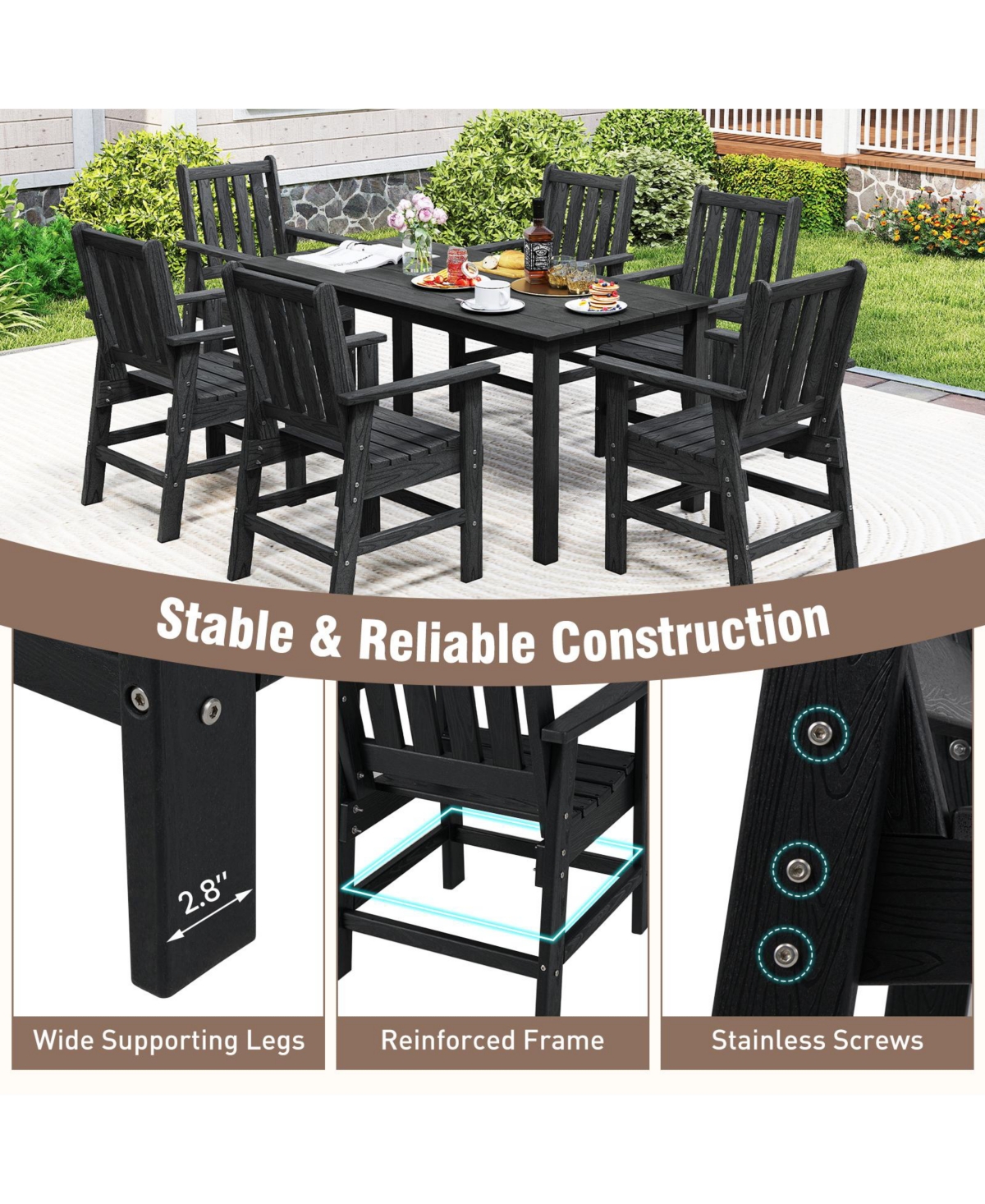 Gymax Patio Dining Chairs Set of 2 w/Wide Armrests Curved Seat Wood Grain for Backyard