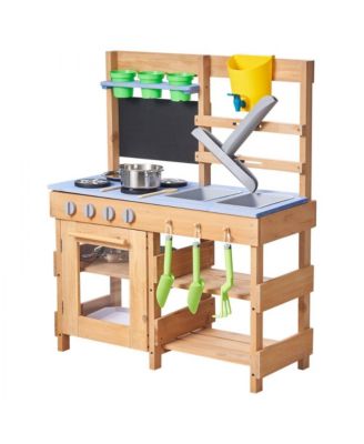 Wooden Outdoor Mud Kitchen with Stoves, Hooks, and Cookware