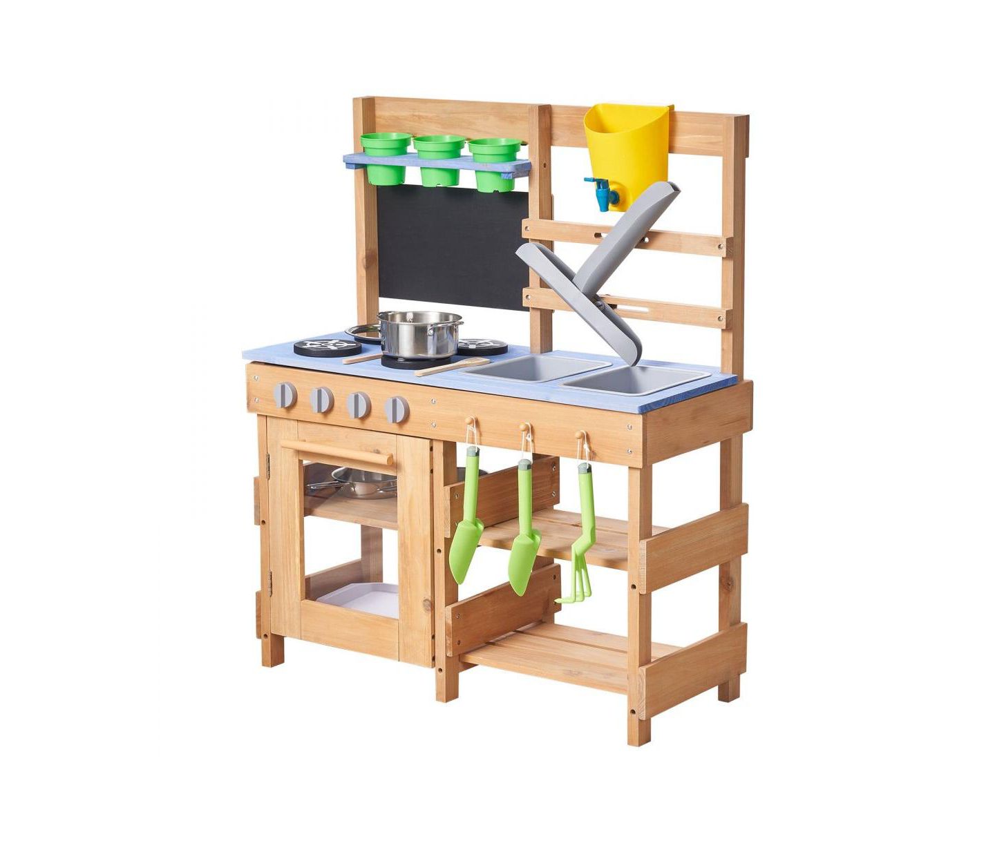 Детская игрушка Slickblue Wooden Outdoor Mud Kitchen with Stoves, Hooks, and Cookware, цвет: Синий / Коричневый — фото 5