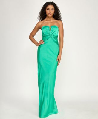 Juniors' Strapless Sweetheart Twist-Front Satin Maxi Dress