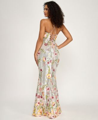 Juniors' V-Neck Floral Embroidered Sequin Maxi Dress
