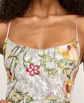 Juniors' V-Neck Floral Embroidered Sequin Maxi Dress