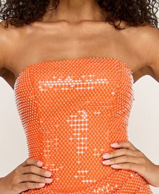 Juniors' Strapless Beaded Lace-Up Maxi Dress