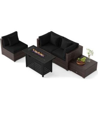 Set of 5 Patio Furniture Set Heavy-duty Frame Rattan Sofa Set w/ 60000 BTU Firepit Table