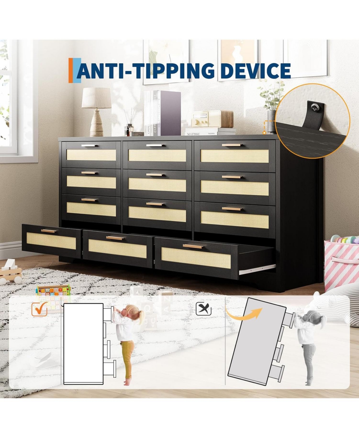 gaomon 12 Drawer Dresser for Bedroom, Modern Rattan Chest of Drawers, Wood Storage Organizer with Panel Drawers and Handles