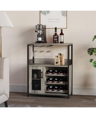 Wine Bar Rack Cabinet, Adjustable Shelves Coffee Bar Cabinet with Mesh Door and Baffle Design