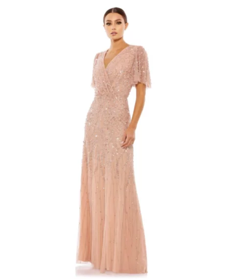 Petite Embellished Flutter Sleeve Evening Gown - Nude