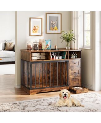 47.8 Inch Dog Crate Furniture Kennel with Doors Wooden Pet House with Drawers and Storage Cabinet