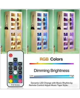 Modern Shoe Cabinet for Entryway, 8-Tier Vertical Shoe Rack with LED Lighting, Doors for Dust Protection and Hooks for Entryway, Living Room