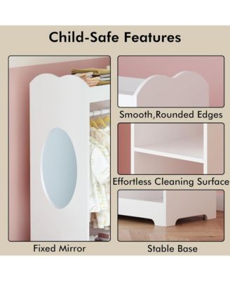 Wooden Dress Up Clothes Rack - Toddler Costume Organizer with Mirror, Hanging Rod, 3 Side Hooks, Storage Shelves and Top Shelf for Bedroom