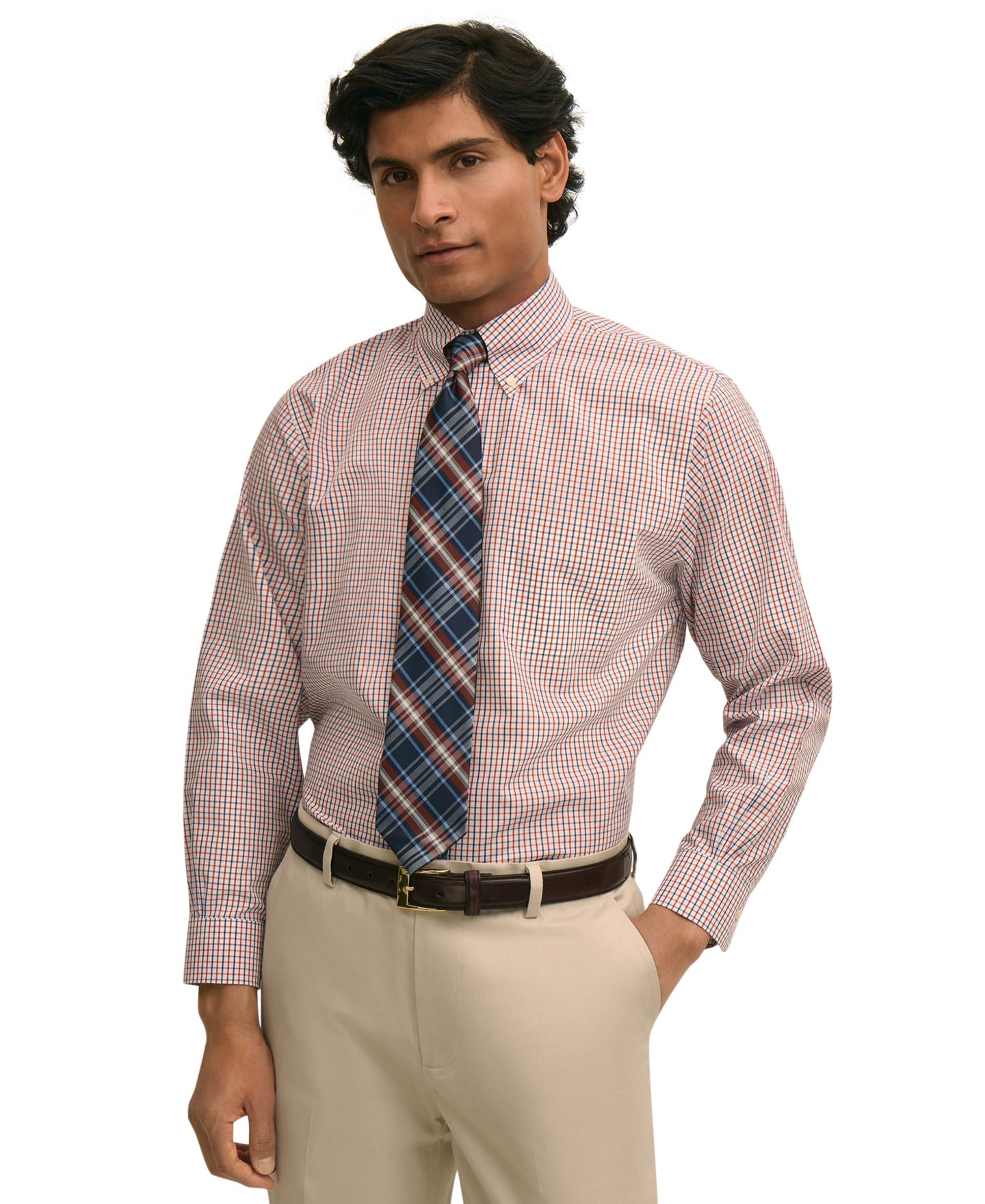 Мужская рубашка Brooks Brothers Striped Polo Button-Down Dress Shirt, цвет: Светлый бежевый / Синий — фото 1