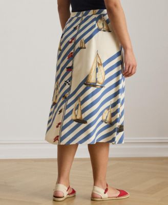 Plus Size Striped Sailboat Print Skirt