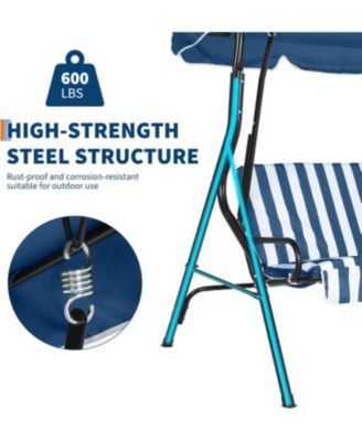 Outdoor Porch Swing Chair with Adjustable Canopy & Striped Seat Cushion for Adults 3-Seat Patio Glider Bench with Thick Cushions