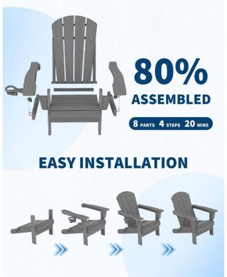 Folding Adirondack Chair Set of 6, HDPE Outdoor Patio Chair with Cup Holder, All Weather Resistent Wooden Textured for patios, Decks, Gardens