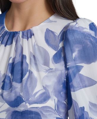 Women's Floral Puff-Sleeve Crewneck Midi Dress