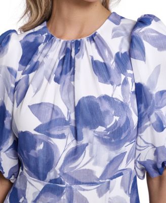 Petite Balloon-Sleeve Printed Midi Dress