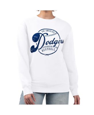 Women's White Los Angeles Dodgers Distressed Baseball Team Fleece Pullover Sweatshirt