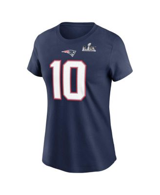 Women's Drake Maye Navy New England Patriots Super Bowl LX Patch Name & Number T-Shirt